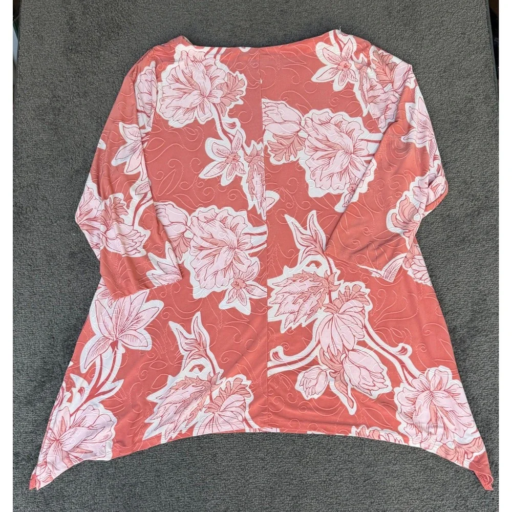 JM Collection Coral Pink Floral Sharkbite Tunic Top 3/4 Sleeve Plus Size 2X